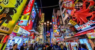 View of the street foods to try In Dōtonbori, the famous food market in Osaka, Japan.