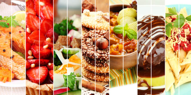 Collage of delicious savory and sweet foods to celebrate the National Foodies Day.