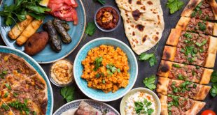Variety of traditional Turkish dishes such as Turkish pizza, meat kebab, pita, bulgur and hummus.