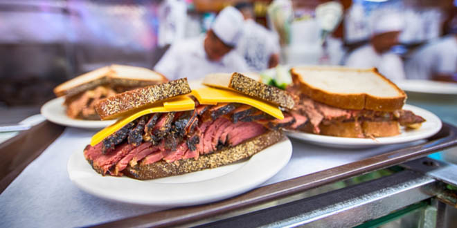 Pastrami sandwiches from Katz’s Delicatessen, one of the most iconic movie restaurants in NYC