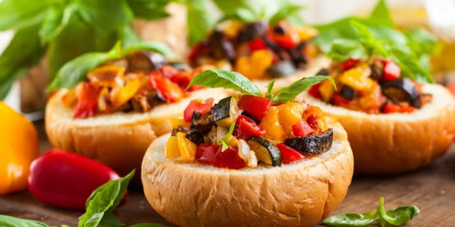 One of the most delicious sicilian dishes: eggplant caponata served in bread bowls.