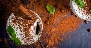Traditional tiramisu dessert, one of the most famous Italian dishes, decorated with cocoa and mint leaves.