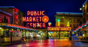 Scenic view at night of Pike Place Public Market Center in Seattle, one of the best food halls in the US.