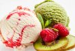 Scoops of Raspberry Vanilla Ripple and Kiwi flavoured artisanal ice creams.