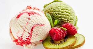 Scoops of Raspberry Vanilla Ripple and Kiwi flavoured artisanal ice creams.