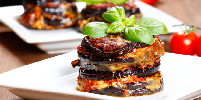 Parmigiana di melanzane or baked eggplant lasagna served in some of the best restaurants to eat in Rome.