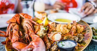 Lobsters and seafood on a plate with tartar sauce in one of the best seafood restaurants in Florida.