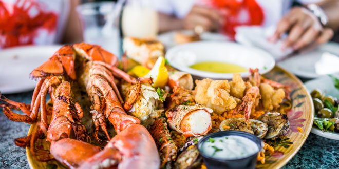 Lobsters and seafood on a plate with tartar sauce in one of the best seafood restaurants in Florida.
