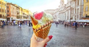 Italian gelato, one of the typical foods in Rome, held at Piazza Navona