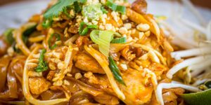 Close-up of a typical dish of pad thai in Bangkok.