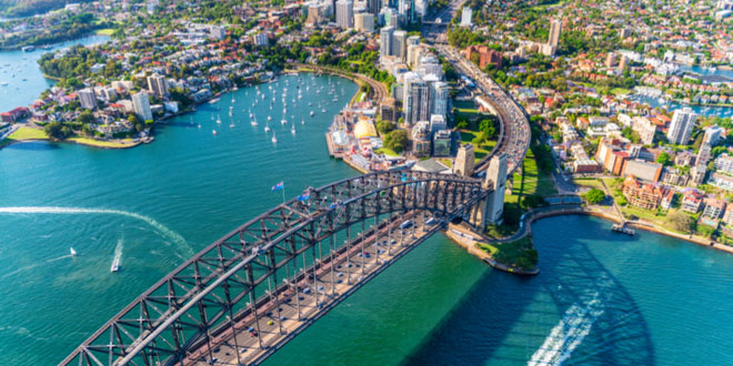 Helicopter view of Sydney Harbor Bridge and Lavender Bay from a guide to Sydney