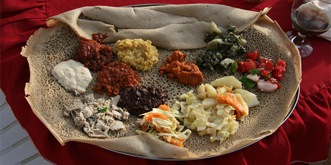 Injera with wats, one of the most famous dishes in Harar, Ethiopia