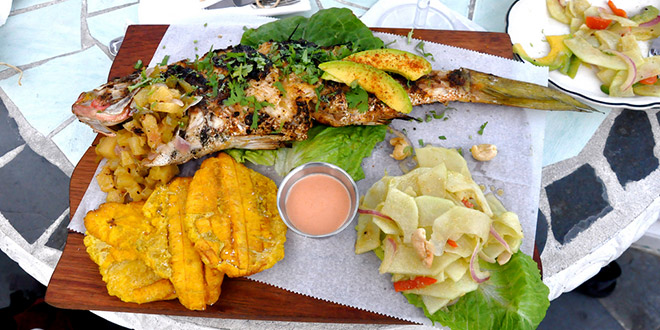 Snapper with papaya salad and tostones are some typical Dominican foods in Punta Cana